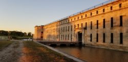 Front of Fort Delaware at an angle showing the moat